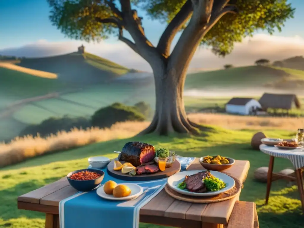 Escena campestre en Uruguay: Asado tradicional bajo un árbol Disfrutando de una parrillada en el campo de Uruguay, rodeado de amigos y familia