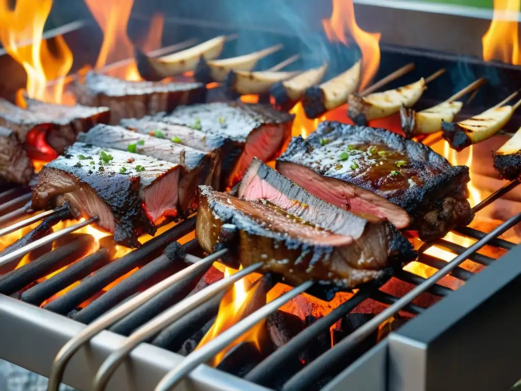 Una parrillada con carnes exóticas se cocina a la perfección, desprendiendo un aroma tentador y creando una escena gourmet