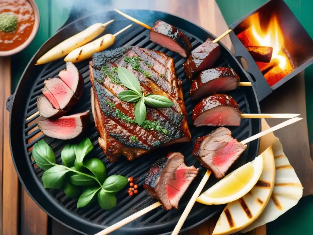 Una parrillada con carnes exóticas cocinadas a la perfección sobre brasas calientes, rodeadas de vibrantes chimichurris y hierbas frescas