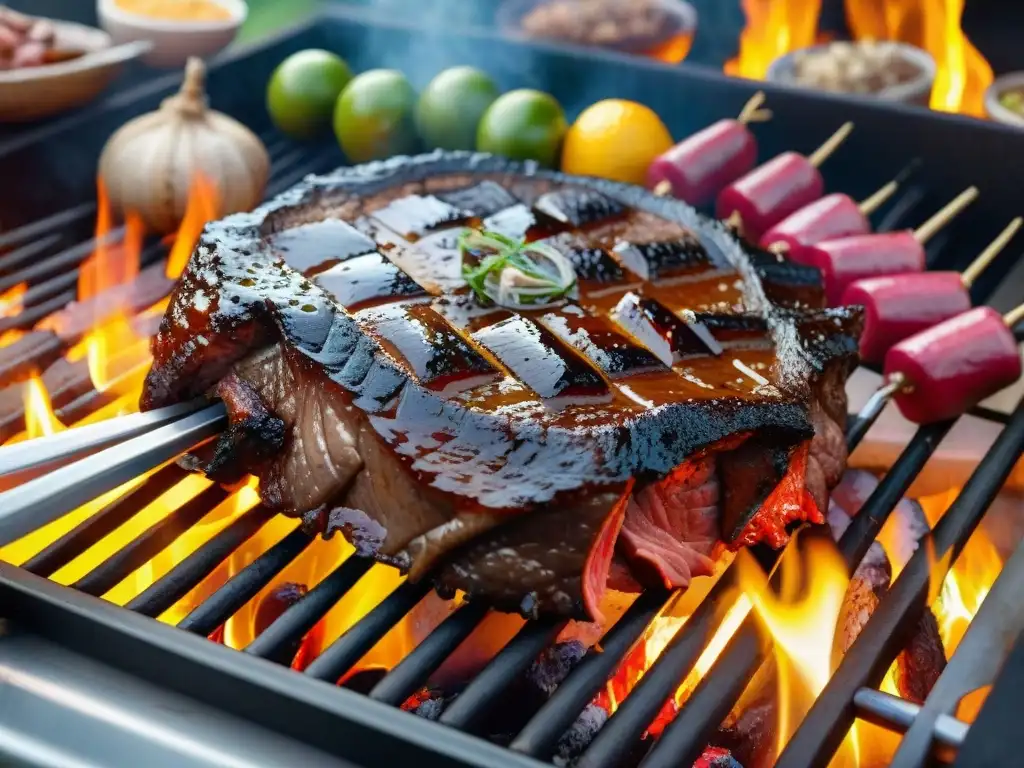 Una parrillada con carnes exóticas: un festín de sabores y colores en una parrilla humeante