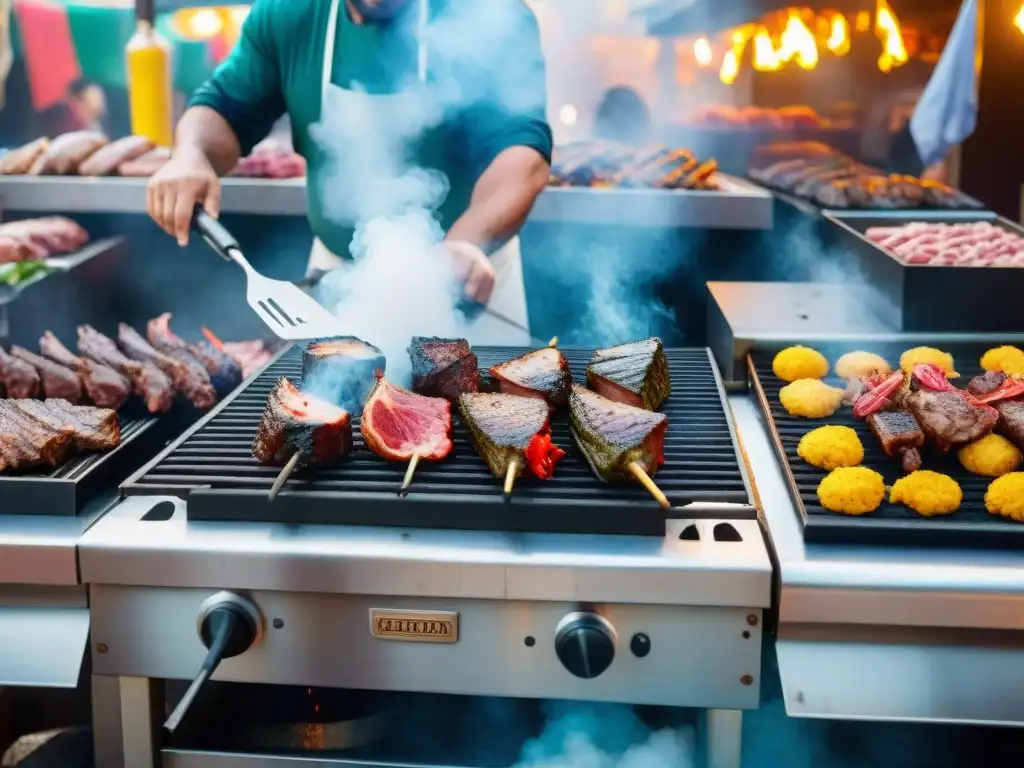 Una parrillada con carnes exóticas en un mercado al aire libre, con clientes curiosos observando al chef