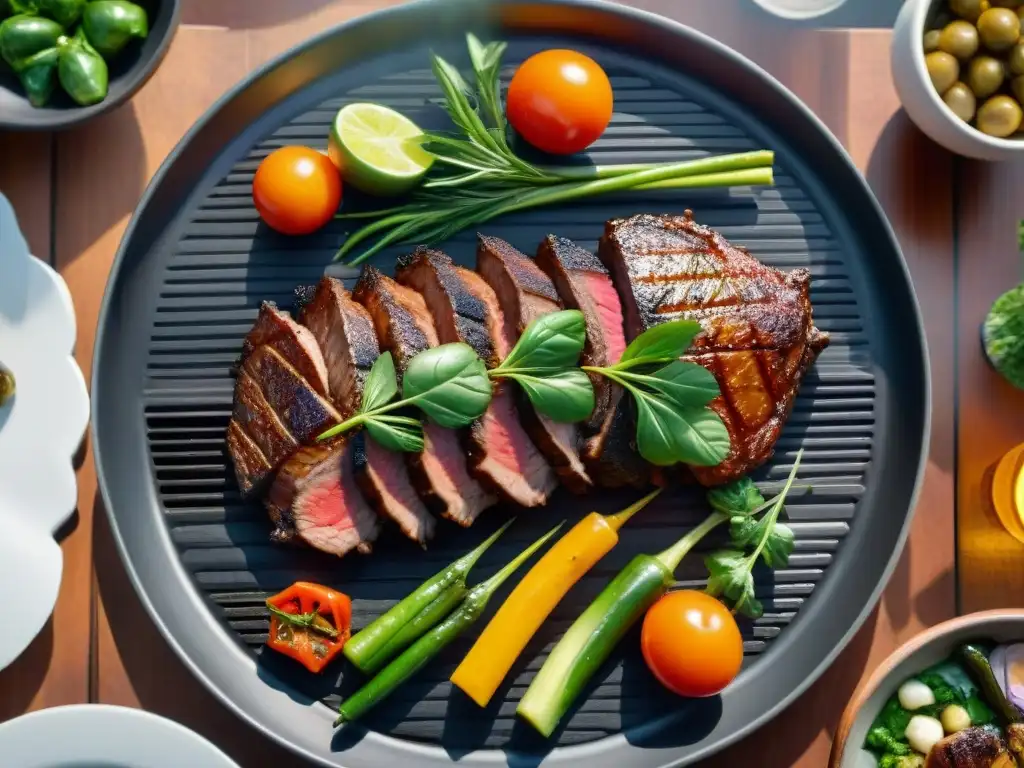 Una parrillada con carnes exóticas exquisitamente preparada, exudando humo aromático y rodeada de vegetales asados