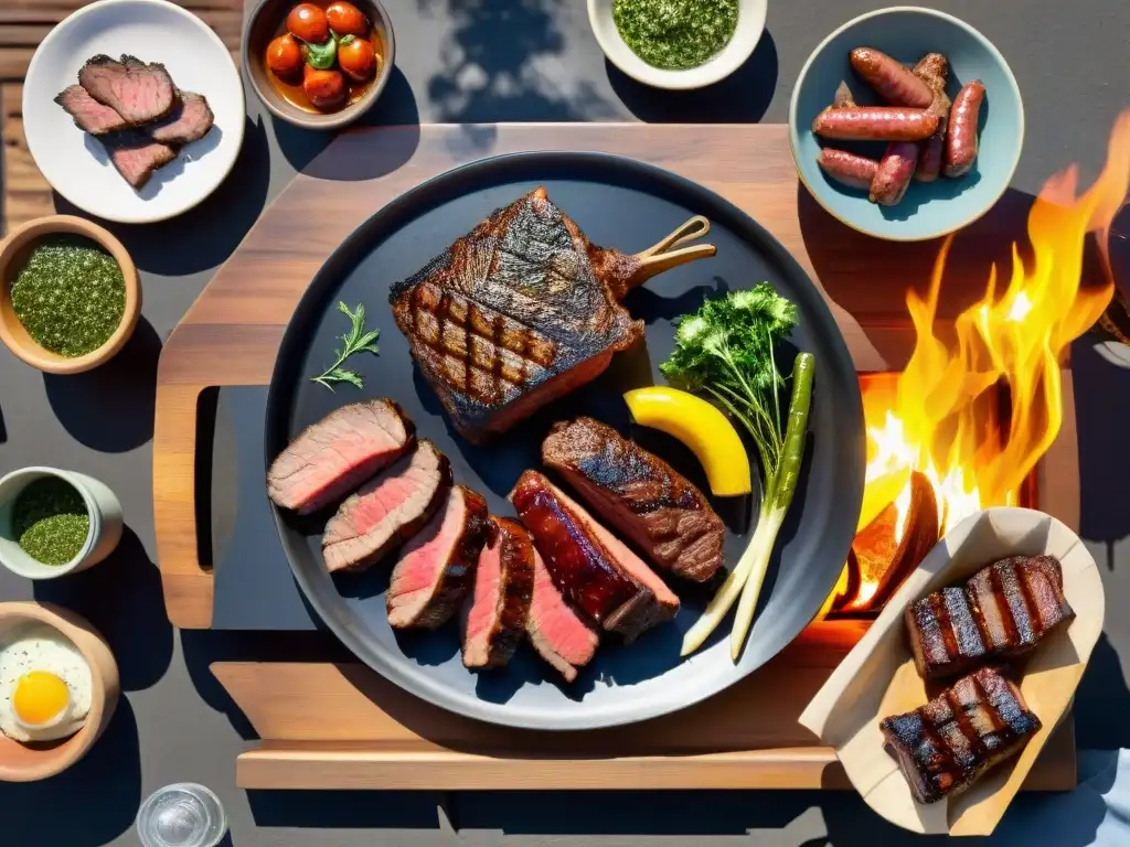 Una parrillada uruguaya con carnes y guarniciones tradicionales, servida en una mesa rústica al aire libre bajo el cálido sol