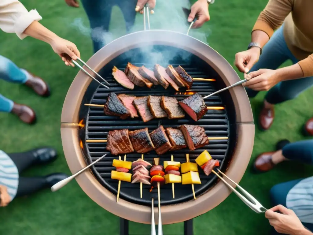 Una parrillada uruguaya con conciencia: amigos alrededor de una parrilla tradicional, disfrutando de un festín de carnes a la brasa bajo el sol