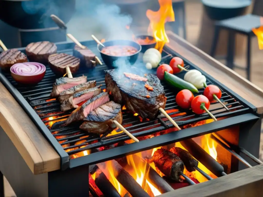 Organización parrillada equipo adecuado: Parrillada uruguaya tradicional con carnes asándose y mesa de ingredientes frescos