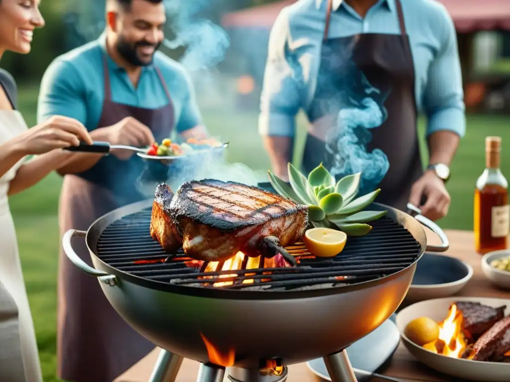 Una parrillada exitosa con variedad de carnes a la parrilla, mesa colorida y amigos felices