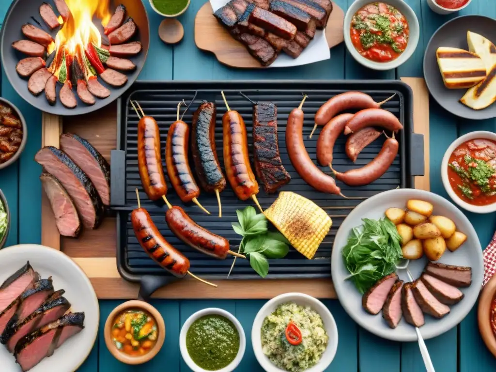 Una parrillada familiar tradicional uruguaya con variedad de carnes, chimichurri y decoración gaucha