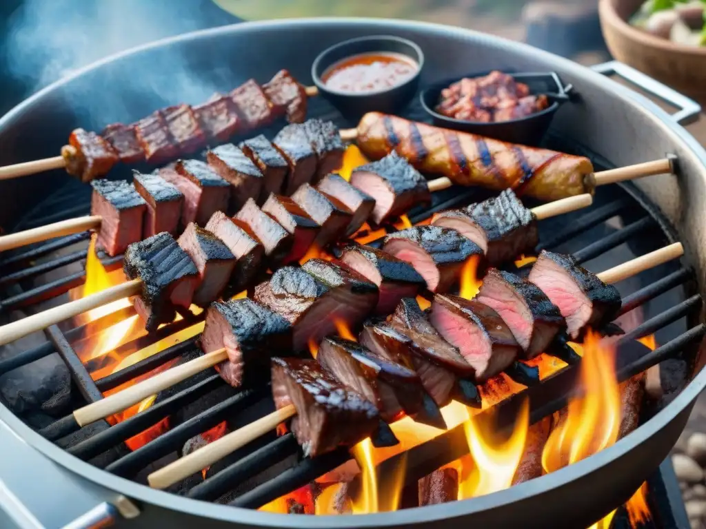 Una parrillada histórica asado Uruguay en un entorno rústico con cortes premium de carne sizzling en la parrilla