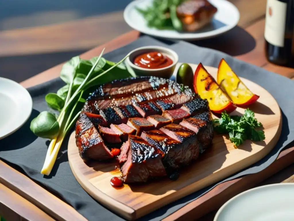 Una parrillada histórica asado Uruguay en una mesa rústica con variedad de carnes y chimichurri