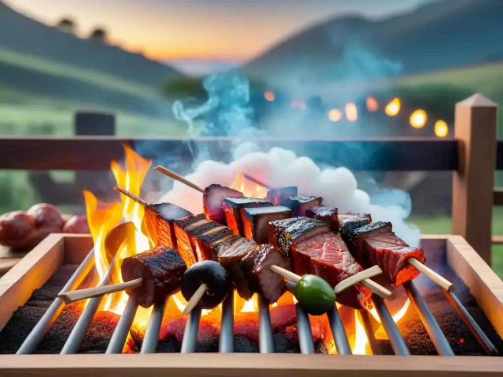 Una parrillada histórica en Uruguay: carnes sizzling, luces cálidas y noche estrellada