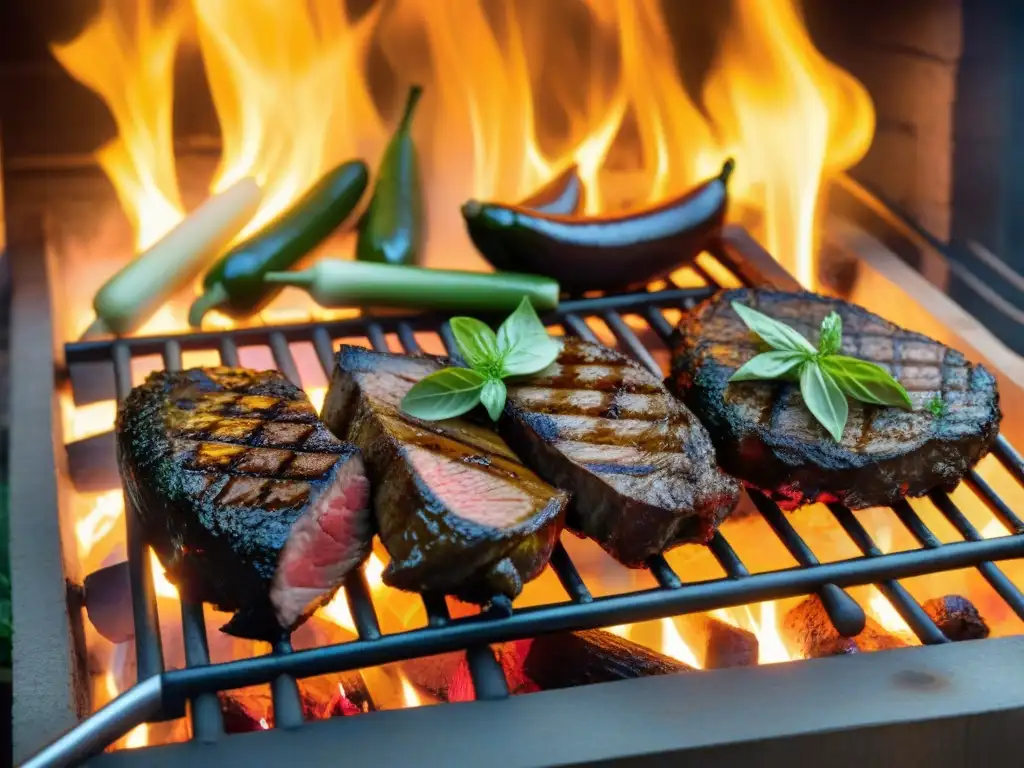 Una parrillada con ingredientes uruguayos auténticos en un asador caliente, creando una deliciosa experiencia gastronómica al aire libre