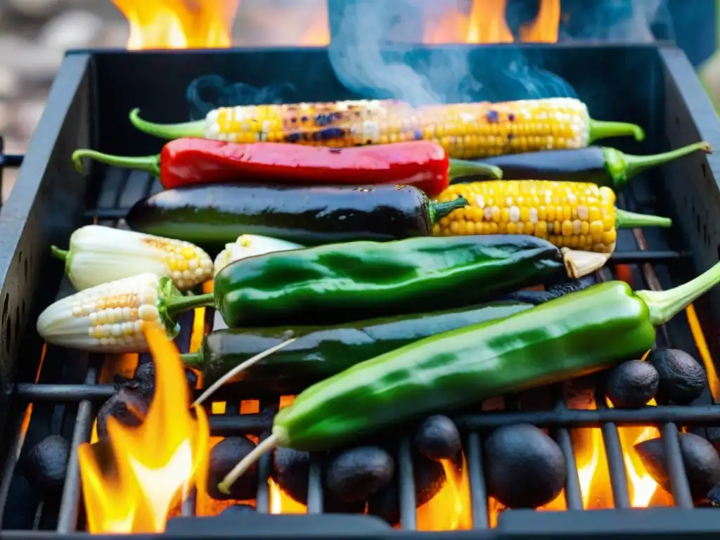 Una parrillada llena de color con opciones vegetales saludables en un asado uruguayo bajo el sol poniente