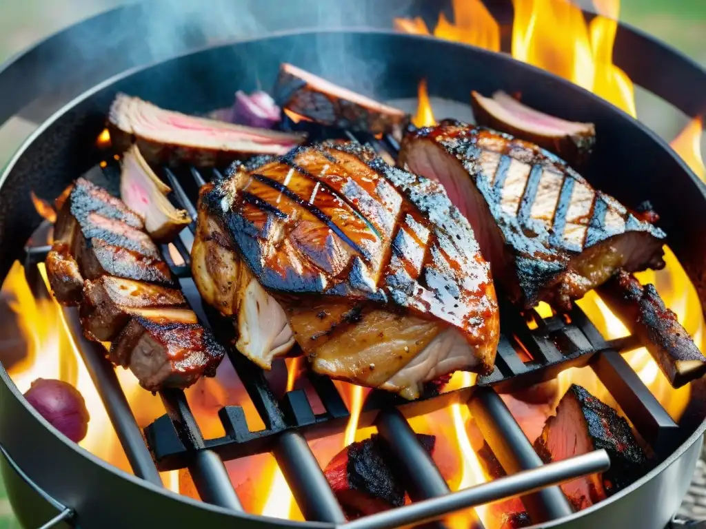 Deléitate con una parrillada mixta en Uruguay, donde se aprecian cortes de carne jugosos y ahumados, perfectamente cocidos en una parrilla ardiente