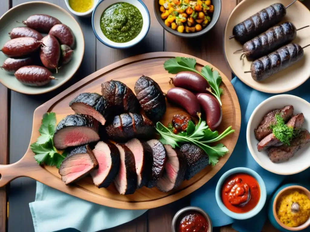 Una parrillada uruguaya con mollejas, chivito y morcilla, acompañada de chimichurri y Tannat