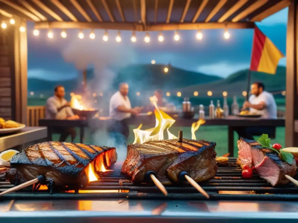 Una parrillada nocturna en Uruguay con ambiente festivo y música en vivo