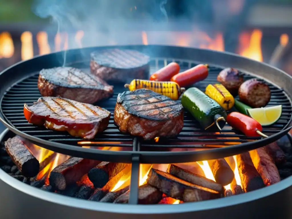 Una parrillada nocturna perfecta: asado uruguayo bajo las estrellas con carnes, chorizos y verduras en una parrilla brillante