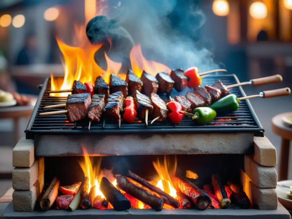 Una parrillada nocturna perfecta asado uruguayo: amigos riendo bajo las estrellas, carne y chorizos en la parrilla iluminada por el fuego