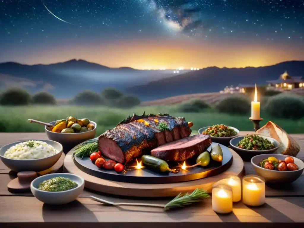 Una parrillada nocturna perfecta con asado uruguayo en una mesa rústica bajo el cielo estrellado