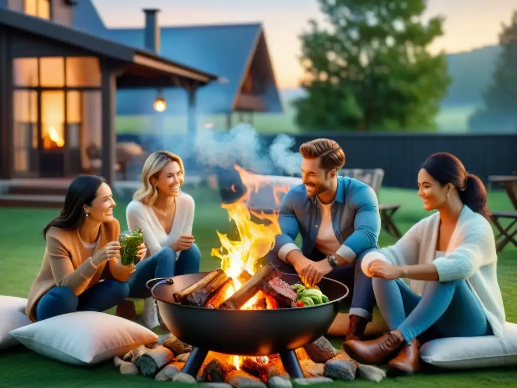 Una parrillada perfecta al aire, con amigos y familia alrededor de la fogata al atardecer