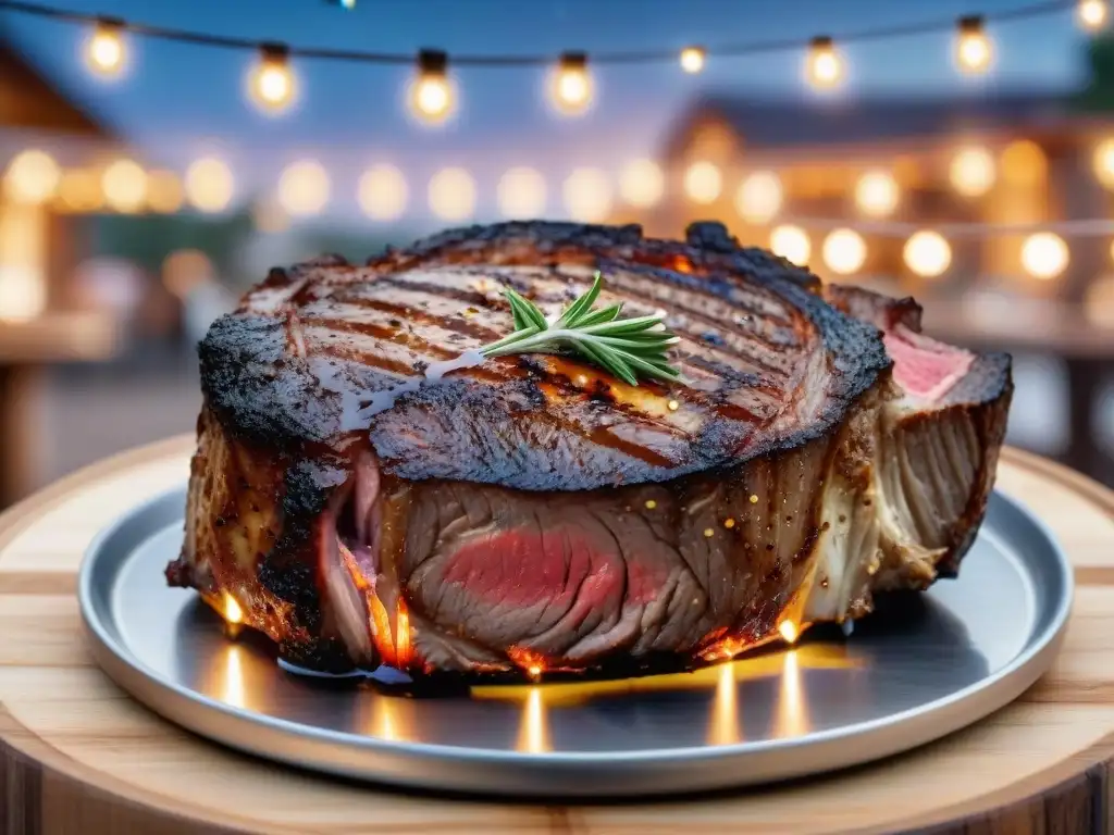 Una parrillada perfecta al aire bajo las estrellas, con un suculento ribeye en la parrilla y una atmósfera festiva