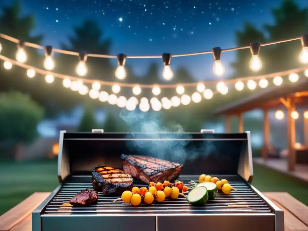 Una parrillada perfecta al aire bajo las estrellas, con utensilios y alimentos en una estación de parrilla iluminada por luces suaves