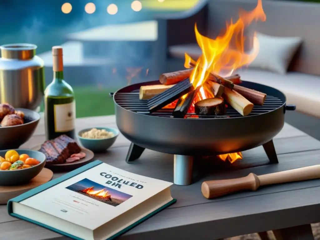 Una parrillada perfecta al aire: fogata crepitante, utensilios de cocina y libros de cocina iluminados por las llamas bajo un cielo estrellado