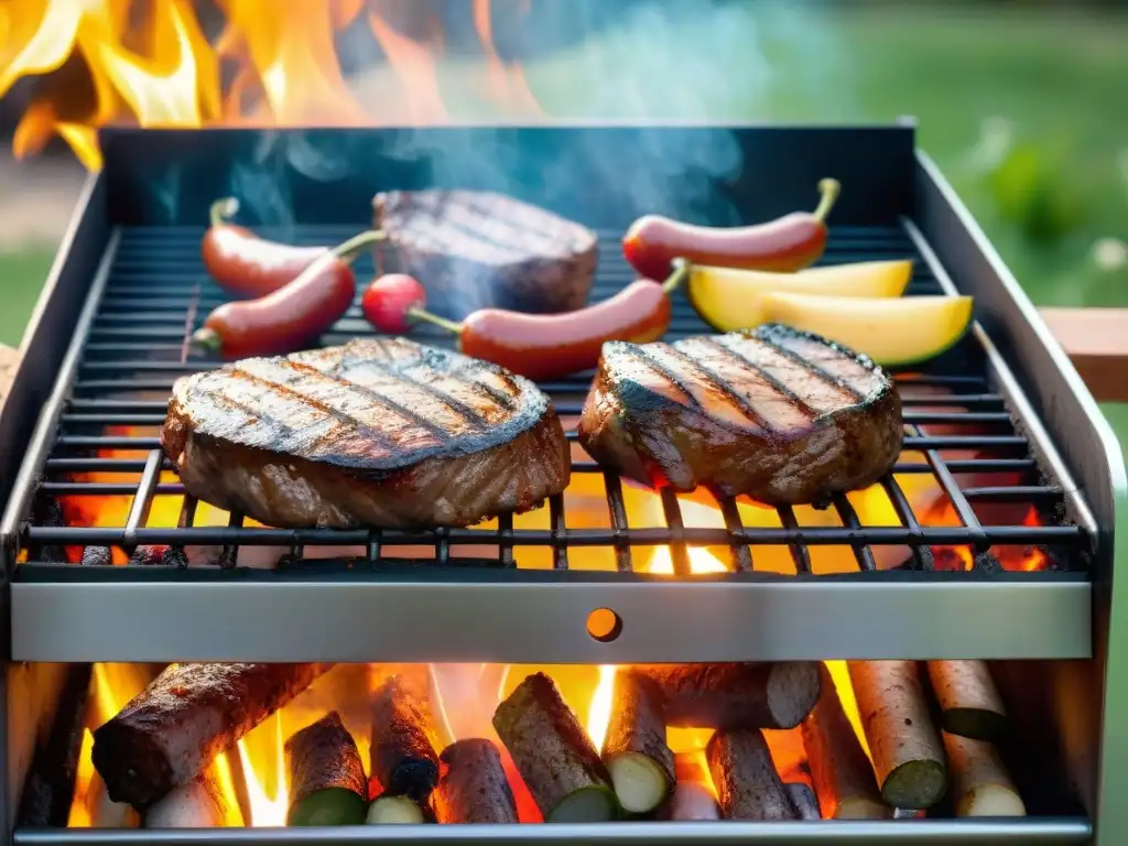 Disfruta de una parrillada perfecta al aire libre con deliciosas carnes y vegetales a la parrilla bajo el cálido sol de la tarde y luces brillantes