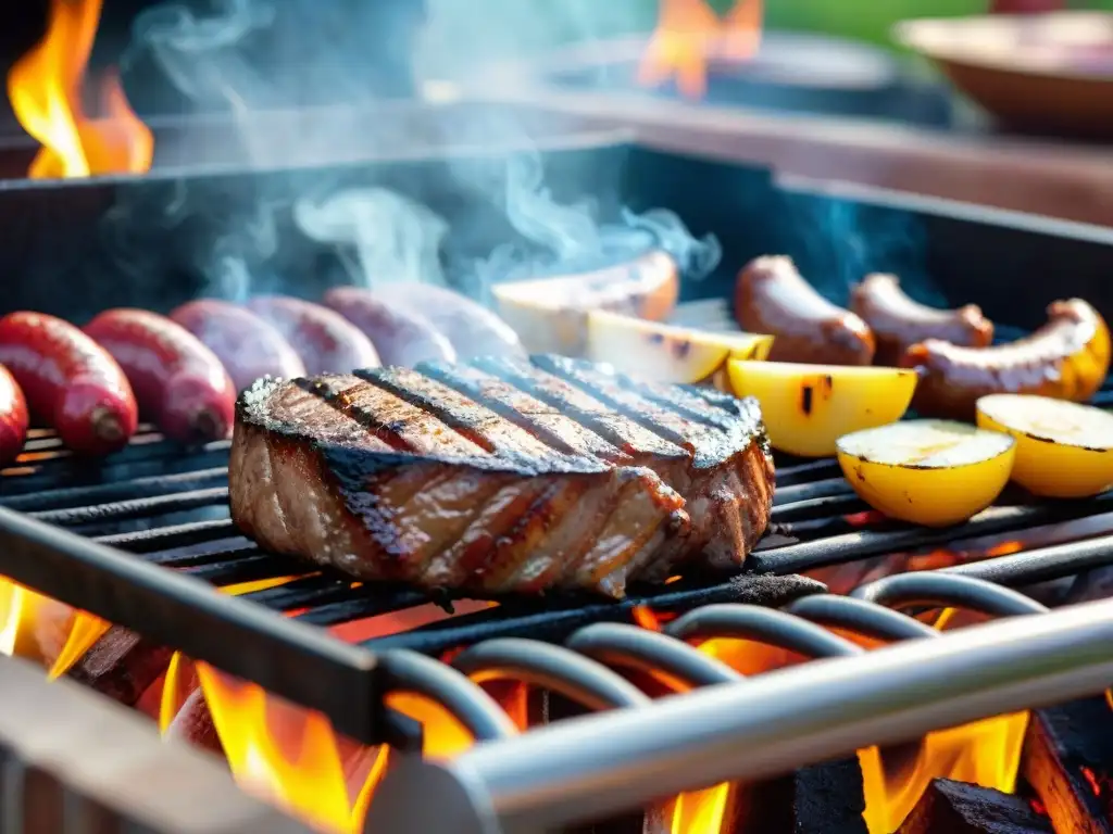 Una parrillada perfecta con carnes y vegetales en una atmósfera cálida y acogedora