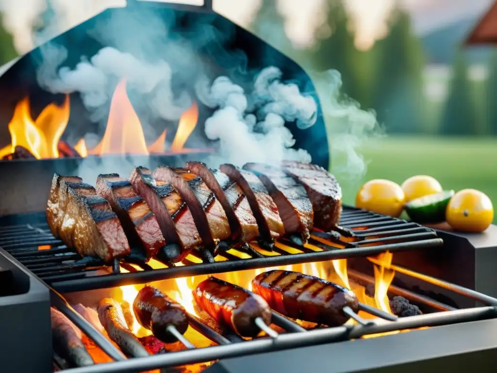 Una parrillada perfecta en un entorno veraniego, con carnes, embutidos y vegetales en su punto, humeantes y deliciosos