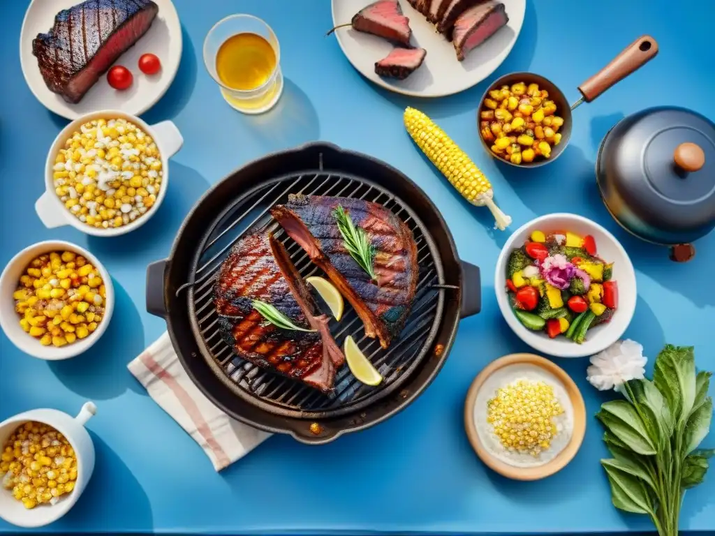 Una parrillada perfecta con jugosos cortes, vegetales y mazorcas doradas bajo el sol