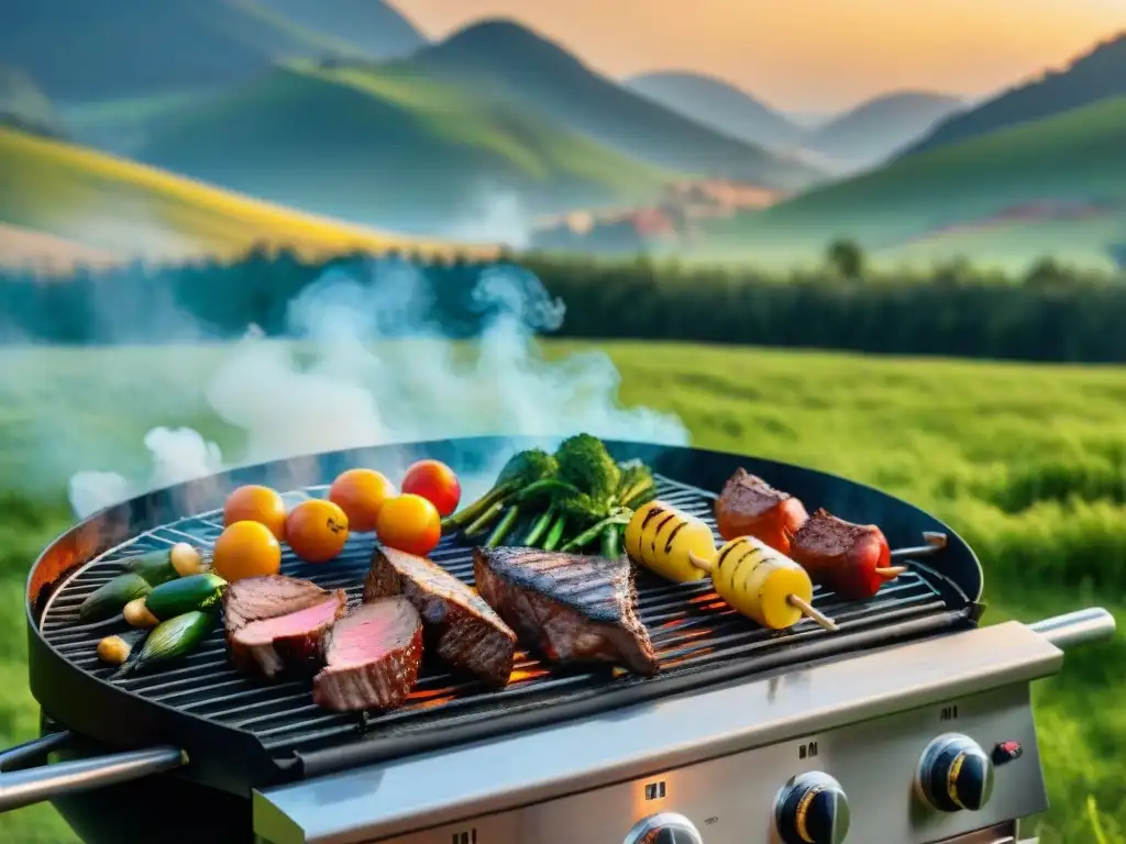 Una parrillada perfecta en los mejores lugares para parrilladas, con carnes y verduras asadas en un entorno idílico al atardecer