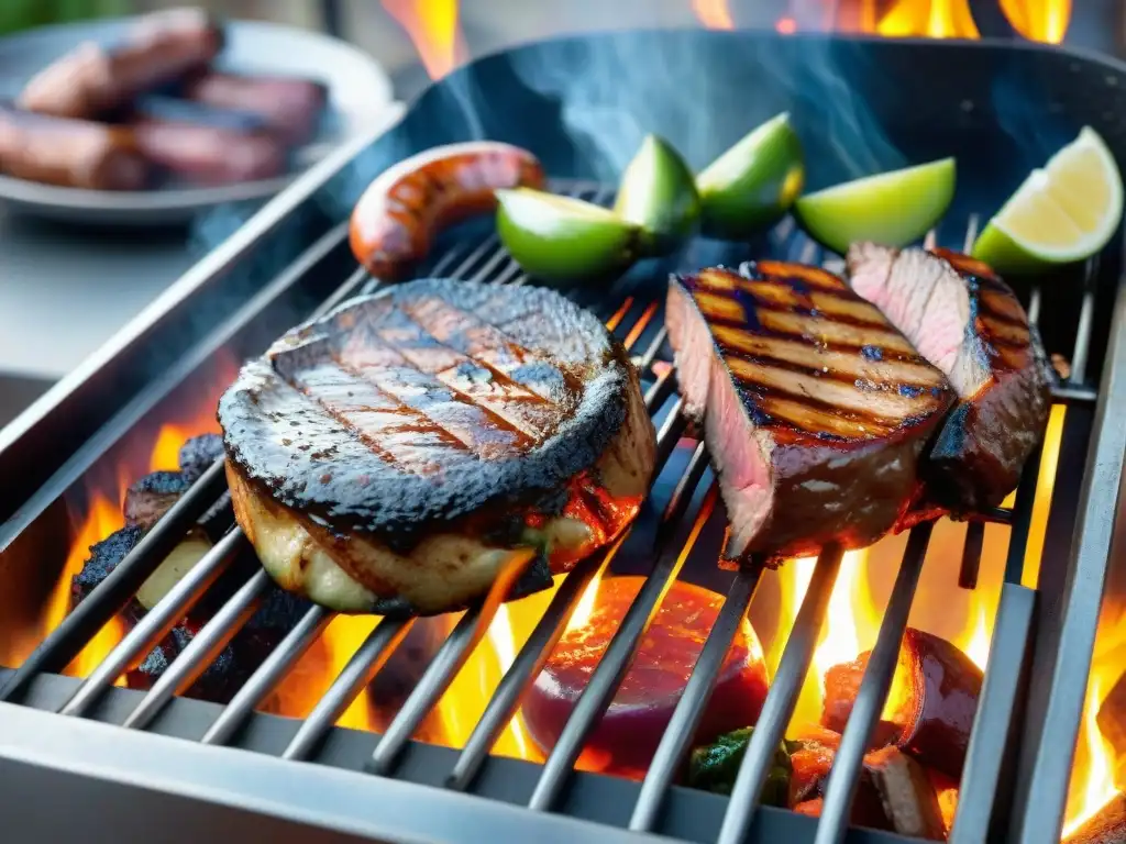 Una parrillada premiada internacionalmente, con jugosos cortes de carne y vegetales dorados, bajo un cielo estrellado