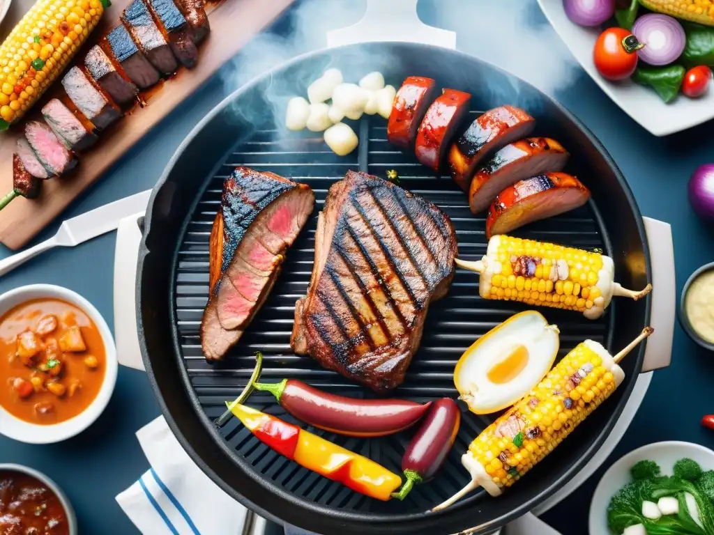 Una parrillada premiada internacionalmente con suculentos cortes de carne, parrilla humeante y comensales felices en un ambiente animado