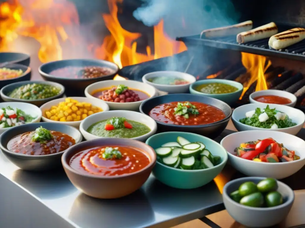 Una parrillada profesional con salsas y aderezos para asado, resaltando colores y texturas