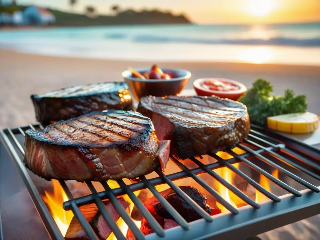 Una parrillada en Punta del Este: carne premium en una parrilla humeante, con palmeras y sol dorado de fondo