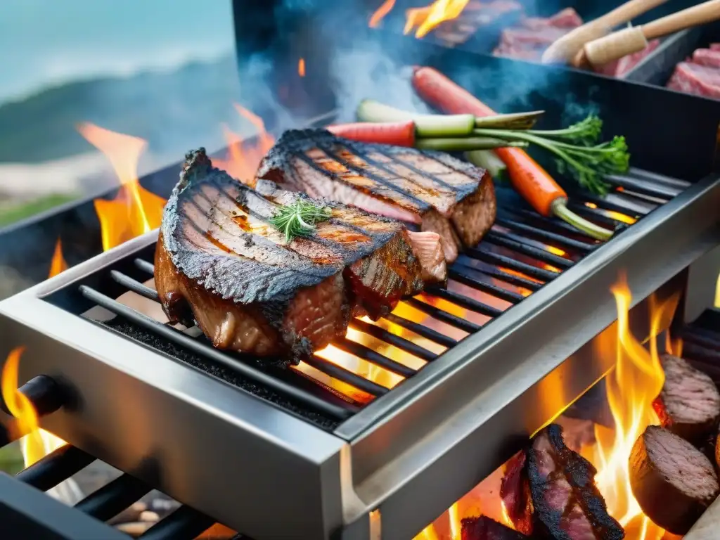 Una parrillada en Punta del Este: Carnes suculentas y vegetales asados en una parrilla humeante con vista al mar