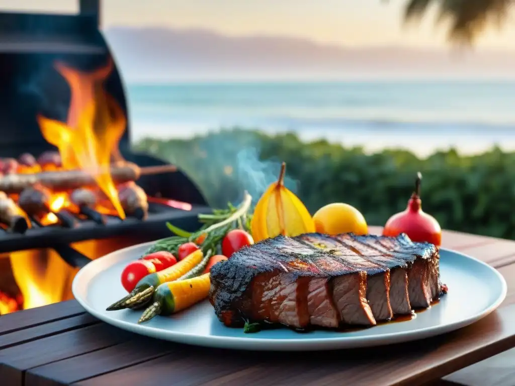 Una parrillada en Punta del Este: carnes y verduras asadas en una parrilla junto al mar, con colores vibrantes y aromas tentadores