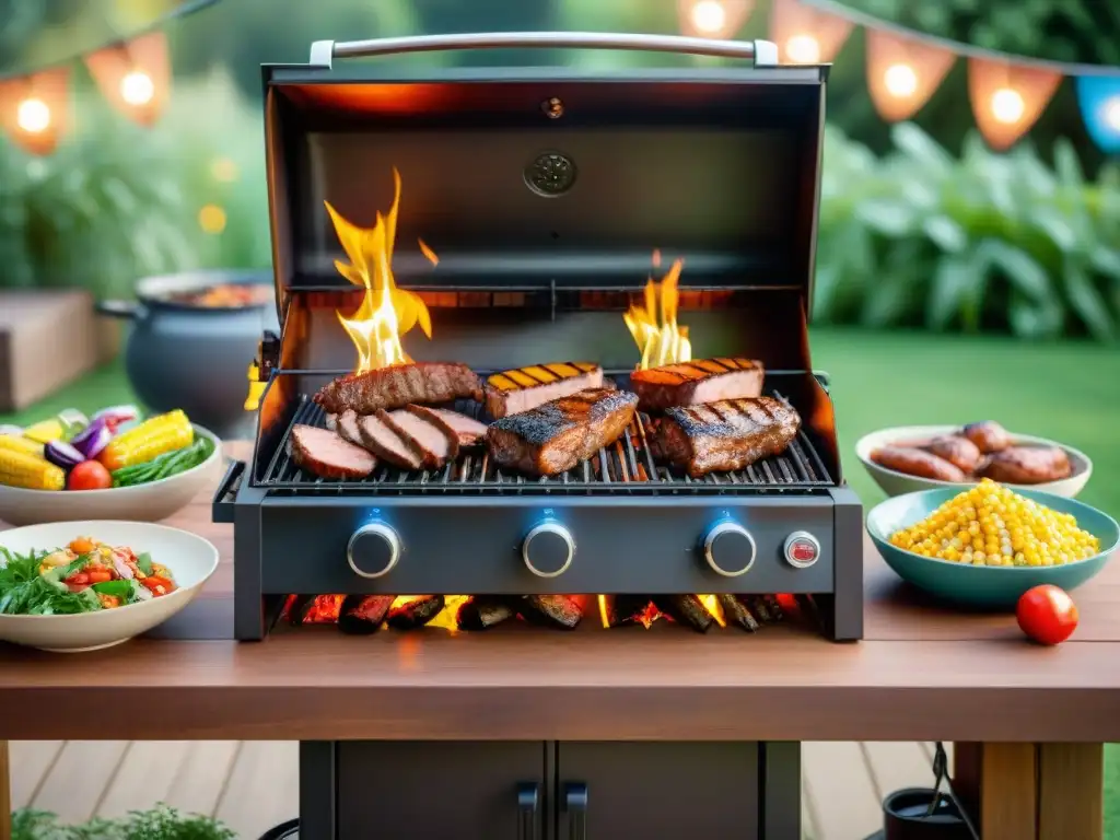 Una parrillada suculenta con cortes de carne perfectamente cocidos rodeada de guarniciones coloridas, en un ambiente festivo al atardecer