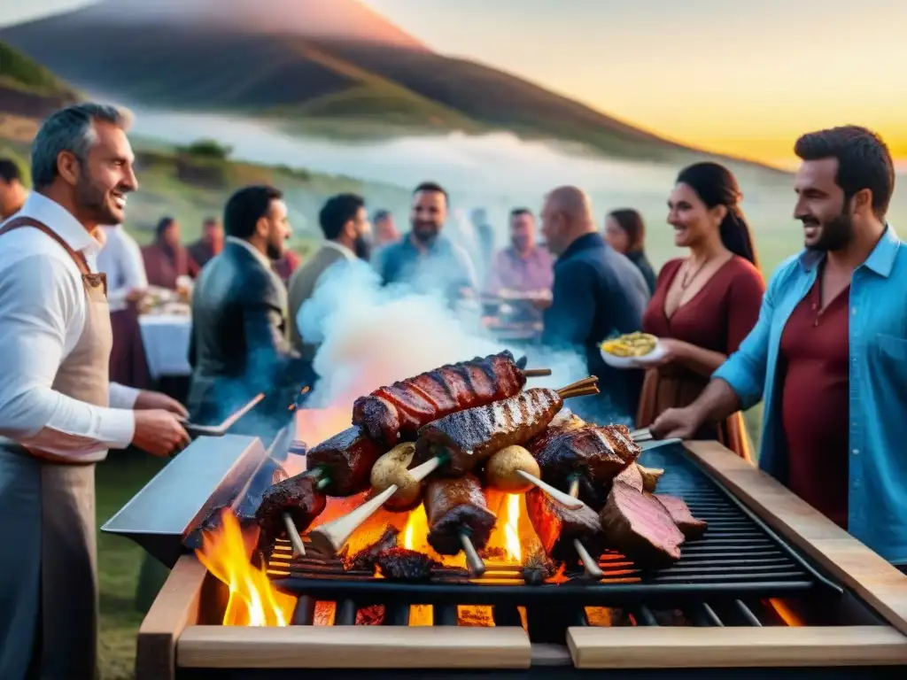 Una parrillada tradicional uruguaya con amigos bajo un cielo vibrante al atardecer