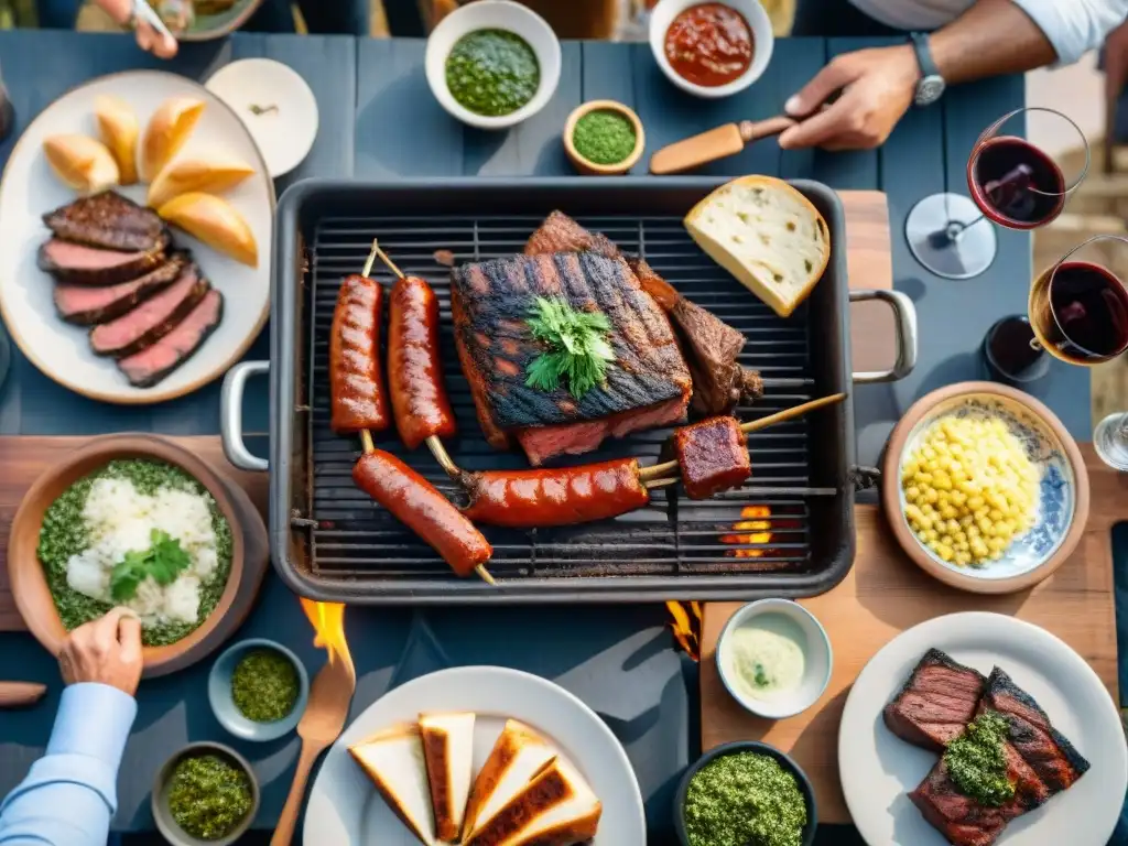 Una parrillada tradicional uruguaya con amigos y familia disfrutando del asado