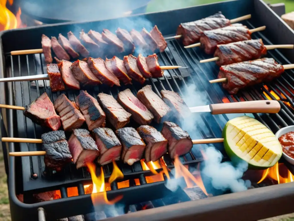 Una parrillada tradicional uruguaya con amigos y familia disfrutando el asado bajo el cielo azul