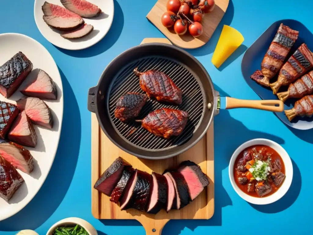 Una parrillada uruguaya tradicional con amigos y familia disfrutando bajo el cielo azul