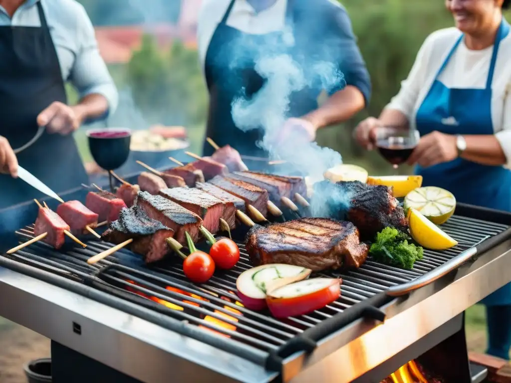 Una parrillada uruguaya tradicional con amigos y familiares disfrutando alrededor de la mesa con historia asado uruguayo tradición