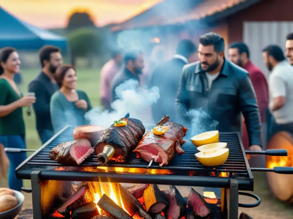 Una parrillada uruguaya tradicional con amigos y familiares disfrutando bajo un cielo vibrante al atardecer