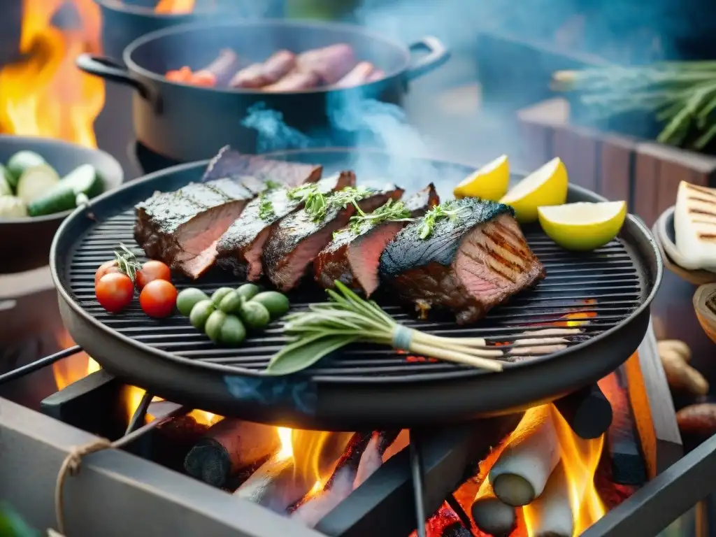 Una parrillada uruguaya tradicional con amigos, hierbas frescas y carnes sizzling, el mejor tipo parrilla sabor