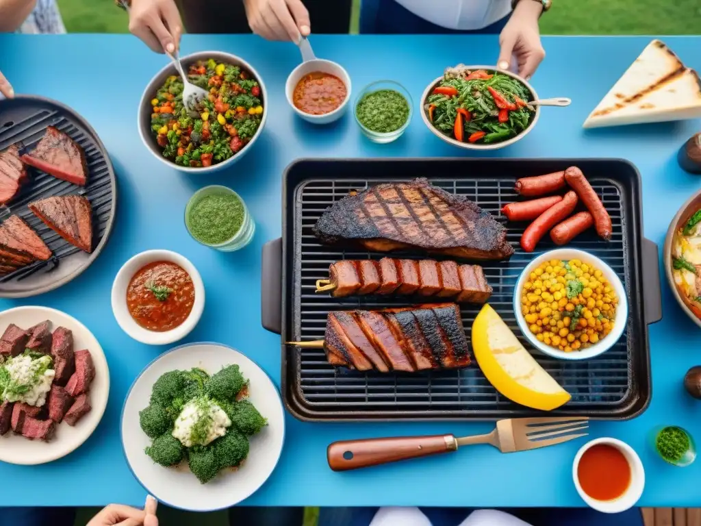 Una parrillada tradicional uruguaya con amigos sonrientes bajo el cielo azul al atardecer