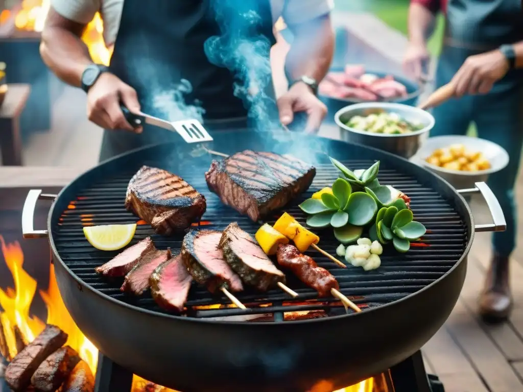 Barbacoa argentina: parrilla, amigos y familia en el campo Una parrillada tradicional argentina en un entorno campestre encantador, rodeada de amigos y familiares en un ambiente festivo