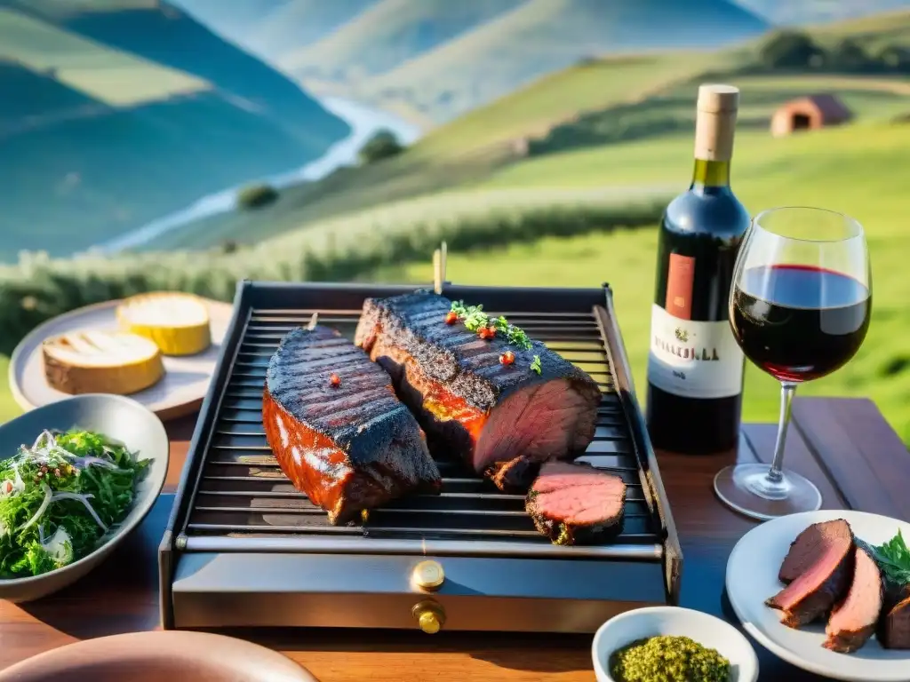 Delicioso asado uruguayo: parrilla y paisaje campestre Una parrillada uruguaya tradicional con asado de tira, chorizos y morcillas, acompañada de chimichurri, ensaladas y vino Tannat