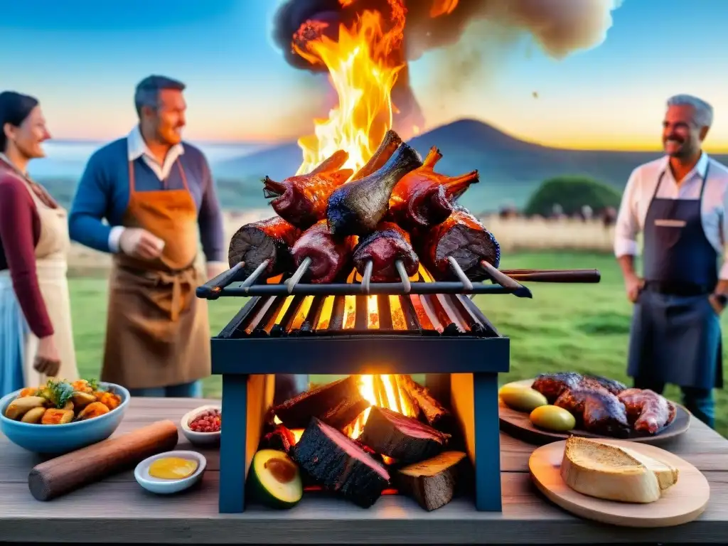 Una parrillada uruguaya tradicional en el campo, amigos y familia disfrutando bajo el cielo azul