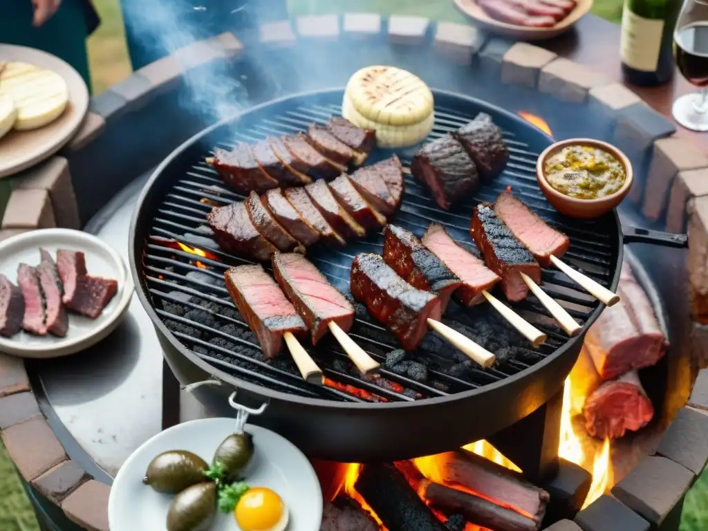 Una parrillada tradicional uruguaya en el campo, rodeada de amigos y familiares disfrutando de un asado